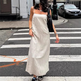 LIZAKOSHT - Spring and Summer Commuting Khaki Cotton and Linen Suspender Dress Women's Fashion Loose A-shaped Long Dress
