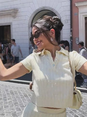 LIZAKOSHT - Elegant Solid Sequins Knitted Slim Tops For Women Fashion Lapel Buttons Short Sleeve T-shirt 2024 Summer New Female Streetwear