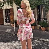 LIZAKOSHT  -  Sexy Backless Hollow Out Waist Mini Dress Women Robe Vintage Short Sleeve Floral Print Boho Dress Summer Party Vestidos