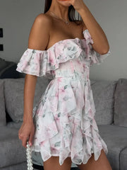 LIZAKOSHT - Women Pink Floral Print Chiffon Mini Dress Off Shoulder Short Sleeve Layer Ruffle Hem Summer Dresses Beach Vacation Party Gown