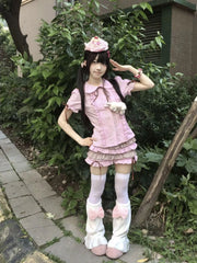 LIZAKOSHT - Summer New Kawaii Sweet Print Lolita Short Sleeve Doll Collar Shirt Fashion Japanese Cute Slim Pink Bow T-Shirts Women