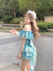 LIZAKOSHT - Princess sweet lolita bobon21 Deep Sea Summer Flower Sailor Moon bow sparkle Off Shoulder flounce dress D2247