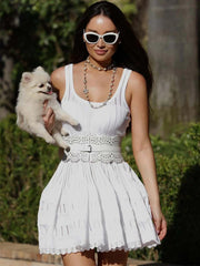 LIZAKOSHT  -  Hollow Out Ruffle Knit Sundress Women High Waist Casual Solid Sleeveless Dresses Vacation Party Sexy Backless Tank Dress