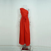 LIZAKOSHT - Elegant Diagonal Collar One-shoulder Solid Color High Waist Strappy Sleeveless Pocket Jumpsuit Wide Leg Pants Clubwear