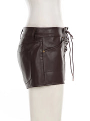LIZAKOSHT  -  Vintage Lace Up Design Low Waist Mini Shorts Gothic Streetwear Sexy Slim Fit Brown PU Leather Pants for Women Y2k Chic