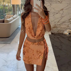 LIZAKOSHT - Women Club Party Outfits Coquette Backless Crop Tops + Tie Up Pencil Skirt Sequin Beading 2 Piece Set Sexy Low Cut Halter Camis