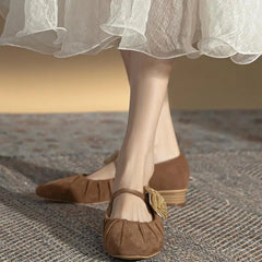 LIZAKOSHT - New Spring Retro Suede Mary Jane Low Heel Shoes Women Shallow Square Toe Chinese Style Floral Buckle Pleated Shoes Ladies Pumps