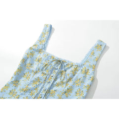 LIZAKOSHT - Vintage Blue Floral Print Summer Tank Top Women Front Button Bow Square Neck Sleeveless Crop Top
