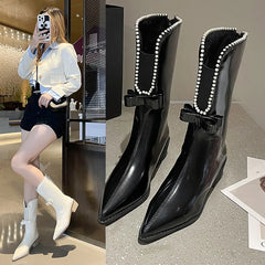 LIZAKOSHT - Autumn Women Designer Bowknot Front Opening Mid-calf Boots Fashion Pointed Toe Ladies Short Boot Square Low Heel Casual Boots