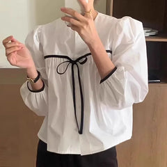 LIZAKOSHT - Korean Fashion Casual All-match Blusas Mujer 2025 Summer New Black Blouses Y2k E-Girl O-neck Bow Lace Up Shirts Women