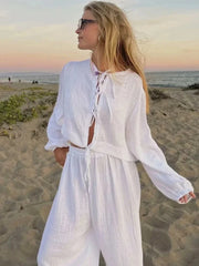 LIZAKOSHT - 2 Pcs Loungewear Women Outfits Long Sleeve Cardigan Wide Leg Pants Set Loose Summer Beach Set Casual Home Suit Sleepwear