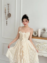 LIZAKOSHT - Irregular V-neck Women Slim Suspender Dress A-line Tie Y2K Pleated Female Dress Design Chic Sexy Dresses