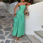 LIZAKOSHT - Women's Casual Pocket Summer Vacation Dress Sexy Strapless Sleeveless Waist Long Dress Striped Print Draped Pocket Elegant Dress