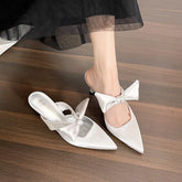 LIZAKOSHT - Silver Mules Women's Ribbon Bowknot Silk High Heels Slippers Pointed Toe Kitten Tacones Femme Party Wedding Shoes Ladies Sandals