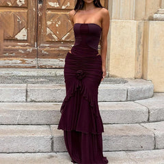 LIZAKOSHT - Sexy Strapless Mesh Patchwork Crop Top and Ruched Floral Appliques Long Skirts Solid Party Two Piece Club Beach Outfits 2025