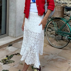 LIZAKOSHT - Vintage Lace Midi Skirt Floral Sheer See-Through Irregular Hem A-line Skirt Fairy Streetwear Chic Women Long Skirt