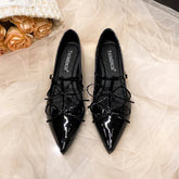 LIZAKOSHT - sexy T-strap flats women double bowtie ankle strap party shoes woman pointed toe cutout mary janes japanned leather loafers