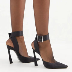 LIZAKOSHT - Sexy Fine High Heels Women Pointed Designer Sandals Ankle Strap Rhinestone Square Buckle Sling Back Pumps Sandalias Mujer