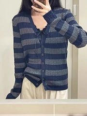LIZAKOSHT - Sweet Women Blue Stripe Top Fashion Summer Ladies Twist Knit With V-neck Sweater Female Button - up Cardigan Sweater
