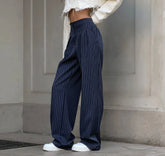 LIZAKOSHT - Commuter Style Casual Fashion High Waist Straight Leg Wide Leg Pants Women's Autumn/Winter New Style navy blue Striped trousers