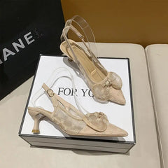 LIZAKOSHT - Footwear with Medium Heels Summer Lace Sandals for Women Pink Ladies Shoes Pointed Toe Bow Luxury on Offer Korea Wholesale
