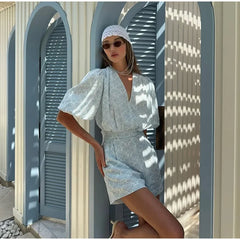 LIZAKOSHT - Casual Women Flower Printed Shirts Shorts Suit Elegant Short Sleeve V-Neck Top Straight Short Pants 2025 Summer Beach Lady Suit