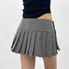 LIZAKOSHT - Vintage Y2k Striped Pleated Skirt Women Sexy Preppy Style Low Waist Button Slim A-line Micro Mini Skirt Streetwear
