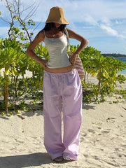 LIZAKOSHT - Women Striped Wide Leg Lace Up Full Pants