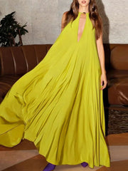 LIZAKOSHT  -  Women's Vibrant Yellow Halter Wrap Maxi Dress Deep V-neck Sexy Pleated Long Evening Dresses Elegant Photoshoot Dress