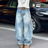 LIZAKOSHT - Retro Women's High Waist Wide Leg Denim Jeans Pant Washed Blue Loose-Fit Pants For Woman Spring Fall Casual Streetwear Trousers
