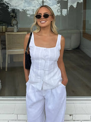 LIZAKOSHT - Summer Female Pajamas Set Square Collar Sleepwear Tank Tops Nightie Sleeveless Nightwear Pants Women Nightgowns Suits