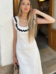 LIZAKOSHT - Women Elegant Contrast Spliced Ruffles Hem Long Dress Fashion Square Neck Backless Sleeveless Robes Female Chic Holiday Vestidos