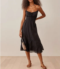 LIZAKOSHT - White Cotton Lace Dresses Summer Vintage Sleeveless Lace-Up Bohemian Casual Long Strap Dress For Women Boho Beach Vestidos Robe