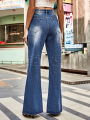 LIZAKOSHT - New Versatile Mid-waist Washed Denim Trousers Casual Zipper Frayed Retro Design Bell Bottom Trousers For Women Clothing