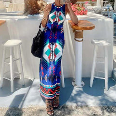 LIZAKOSHT - Elegant O-neck Sleeveless Bohemian Dress Women Fashion Waist Long Party Dresses 2025 Summer Vintage Pattern Printed Beach Dress