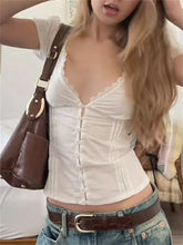 LIZAKOSHT - Lace Patchwork Solid Blouses for Women Single-breasted Fashion Slim Clothes Streetwear V-neck Short Sleeves Tops