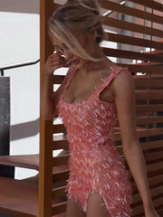 LIZAKOSHT - Fashion Tassel Short Dress For Women Square Collar Sleeveless Hip Package Side Split Vestidos 2025 Summer Female Sweet Dresses