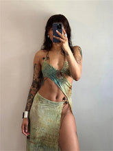 LIZAKOSHT  -  Summer Vintage Print Halter Backless Long Dress Beach Outfit Women 2024 See Through Hollow Out Waistlesst Party Vestidos