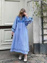 LIZAKOSHT  -  Chic Embroidered Patchwork Maxi Dress Women Stylish O-neck Striped Lantern Sleeves Long Dresses Female Summer Casual Ladies Robe