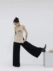 LIZAKOSHT - Waistcoat Irregular Sleeveless Slit Printing Round Collar Tops Aesthetics Y2k Vintage Design Tanktop Korean Fashion