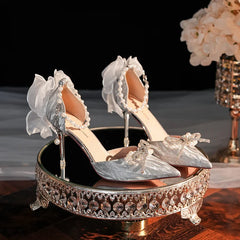 LIZAKOSHT - Summer Women's Sandals Luxurious Pointed Toe Rhinestone Bow Flower Stiletto Heels Banquet Wedding Shoes High Heels