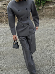 LIZAKOSHT - Retro Double Breasted Jacket Long Pant Set Lady Elegant Gray Waist-cinching Jackets Straight Pants Sets Women New Chic Steetwear