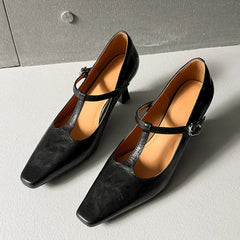 LIZAKOSHT - Fashion Pumps New High Quality Genuine Leather T-shaped Buckle Point Shallow Mouth Style High Heels Women's Heels Shoes