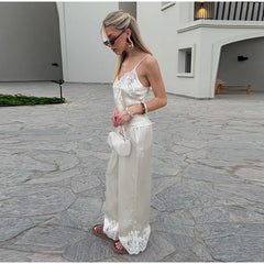 LIZAKOSHT - Elegant Satin Lace Patchwork Long Pants Set for Women Fashion Solid Female Sling Vest Shorts Set Summer Lady 2 Pcs Outfits