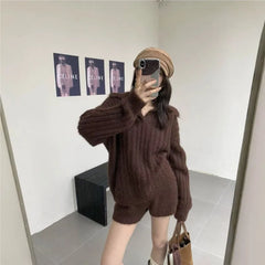 LIZAKOSHT - New In Matching Sets Two Piece Outfits 2 Pieces Set For Woman All-match Loose Simple Sweater Comfortable Shorts Knitted