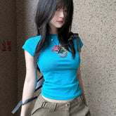 LIZAKOSHT - Harajuku T Shirts Women Sexy Printing Short Sleeve Slim Stretch Crop Tops Vintage Y2k Tops Ladies Casual Tshirt
