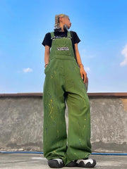 LIZAKOSHT  -  Women's Green Straps Jeans Straight Vintage Baggy Casual Fashion Wide Leg Pants Self Cultivation Denim Trouser Ladies