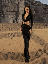 LIZAKOSHT  -  Sexy Hollow Deep V-neck Long Dress Women Retro Chic Solid Knotted Low Waist Party Dresses Female 2025 Summer Fashion Streetwear