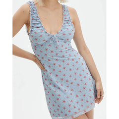 LIZAKOSHT - Sexy Women V Neck Sleeveless Floral Print Mesh Dress Summer Ladies High Waist A-line Mini Dresses Holiday Robe
