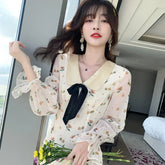 LIZAKOSHT - French Small Fresh Sweet Chiffon Print Dresses Women Spring Summer Flare Sleeve Fashion Peter Pan Collar Dress Female High Waist